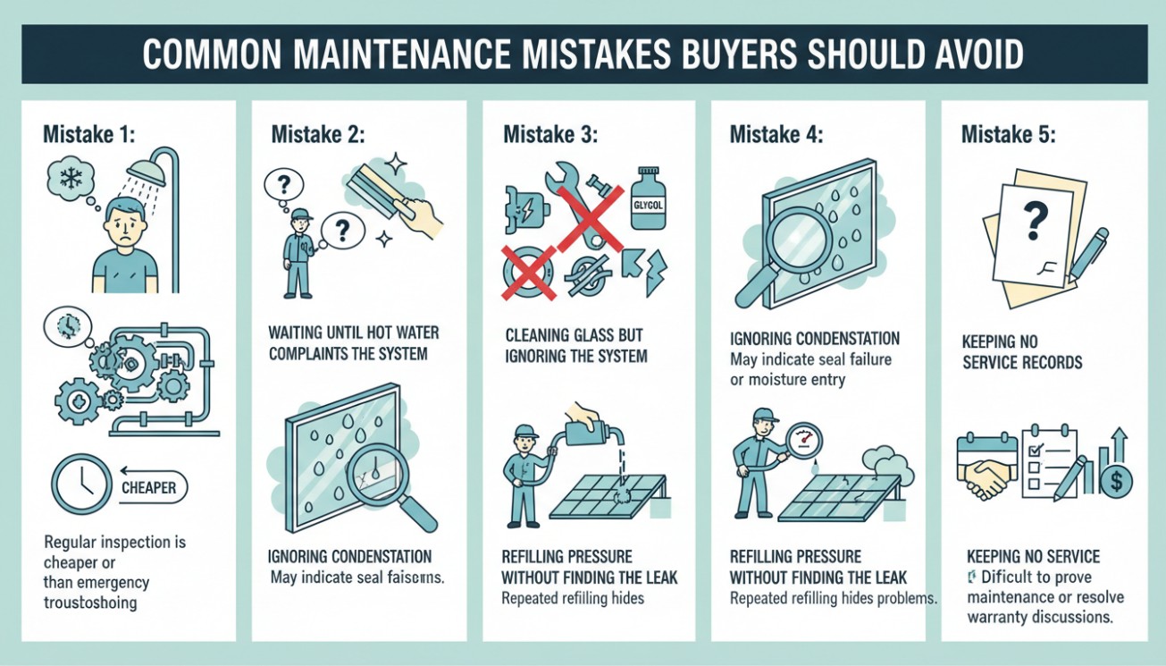 Infographic showing common maintenance mistakes buyers should avoid, including delayed inspection, ignoring condensation, cleaning only the glass, refilling pressure without finding leaks, and keeping no service records